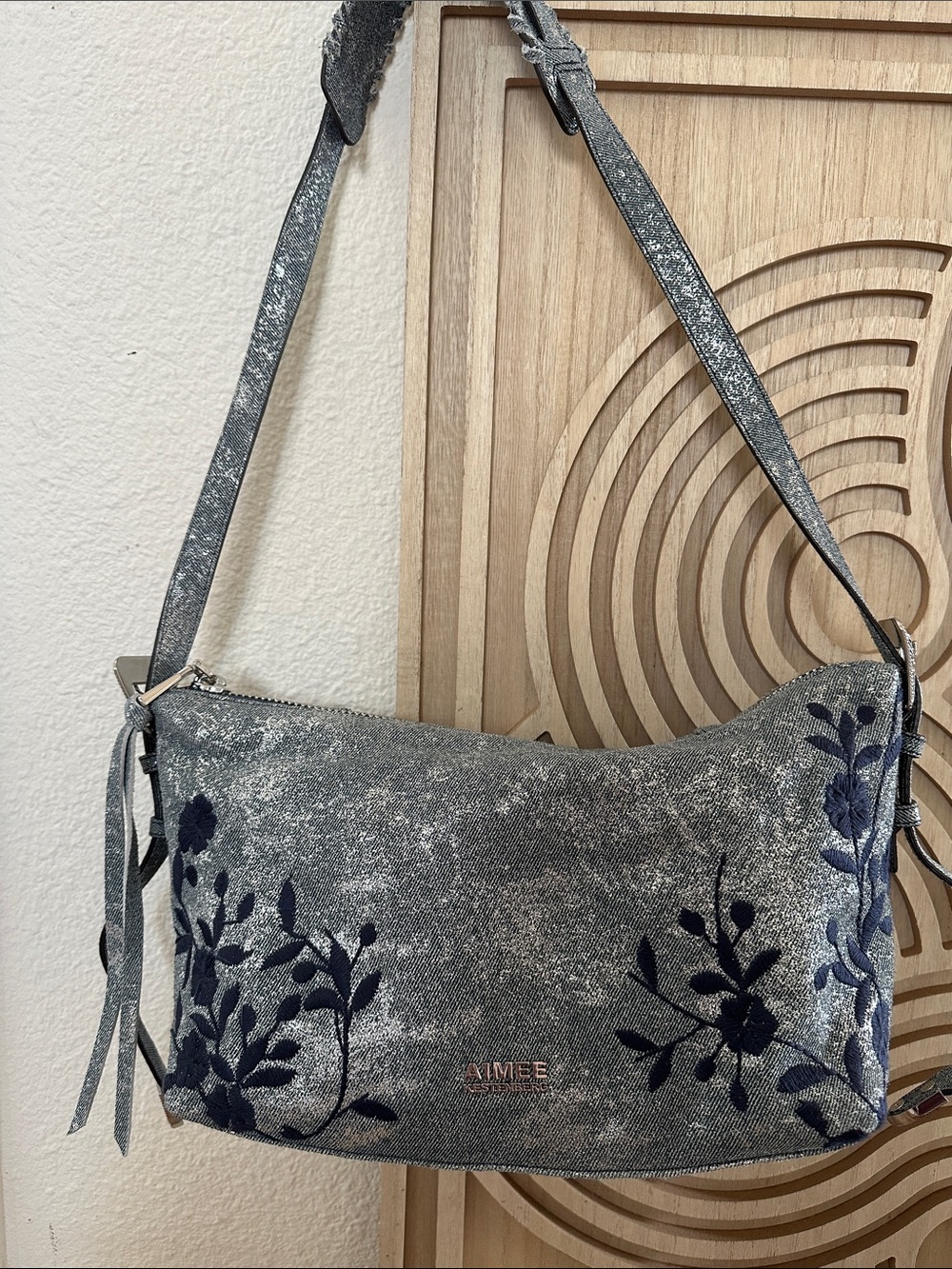 Aimee Kestenberg Silver Denim and Navy Embroidered Shoulder Bag